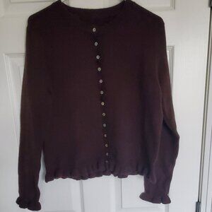 NEW Ruffle Cardigan Brown Button Up Crew Neck Long Sleeve
